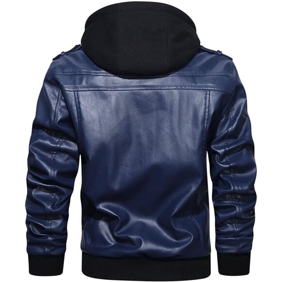 Mens Navy Blue HOOD CREW Faux Leather Motorcycle Bomber Jacket Removable Hood - Picture 3 of 5
